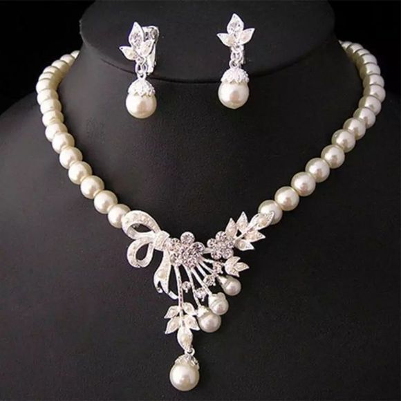 Female Jewelry Set Crystal Pearl Silver Plated Nec - Picture 2 of 6